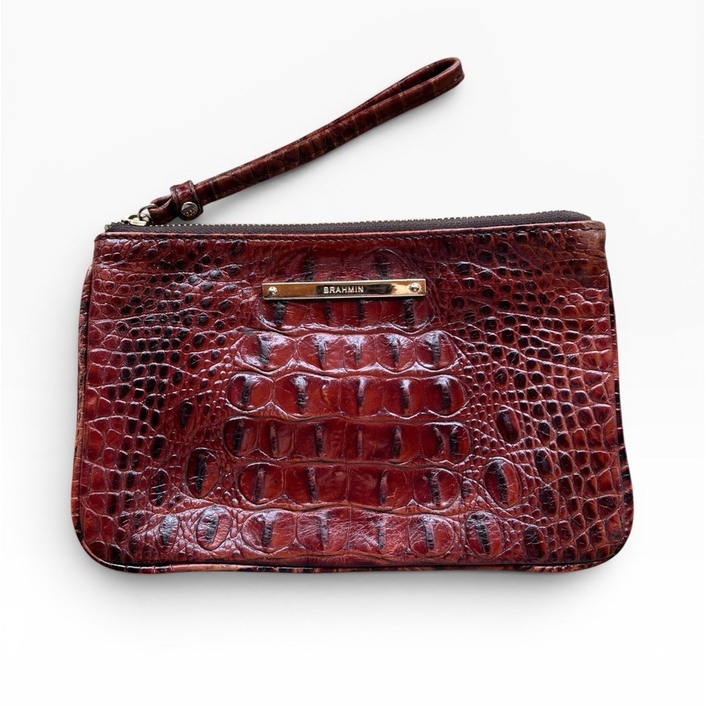 Brahmin Daisy Wristlet Pecan Melbourne Brown Croc Embossed Wallet Zip Clutch